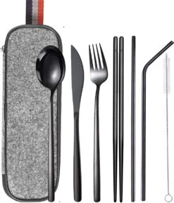 House Of Husk Reisbestek - Reis Bestekset - Chopsticks - Metalen Rietjes Met Borstel - Lepel - Vaatwasserbestendig - RVS - 7 Delig - Zwart