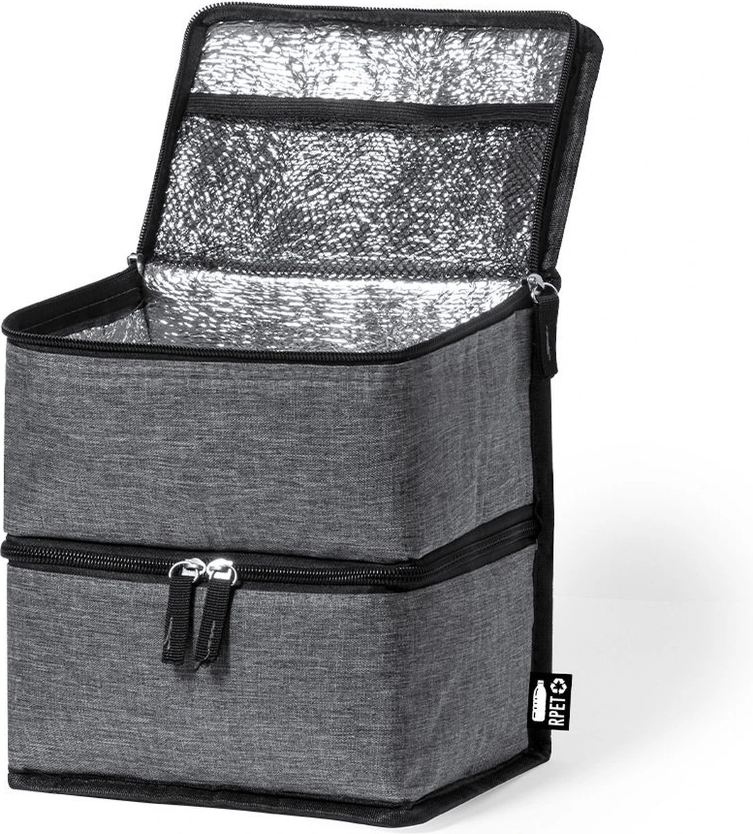 Merkloos Koeltas Met Dubbel Compartiment - Lunchtas - Koeltasje Lunch - Koelelementen - Koud - Warm - Isolatie - Volwassenen - Dames - Heren - 14 X 22 Cm - Polyester - RPET - Aluminium - Grijs - Afbeelding 4