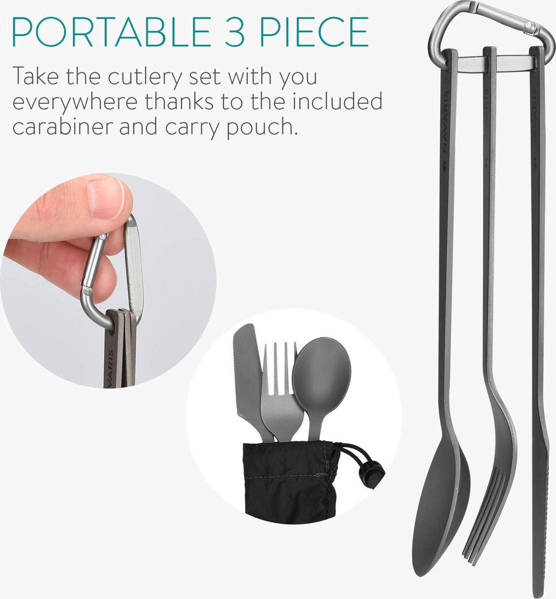 Navaris Campingbestek Van Titanium - Set Met Vork, Mes En Lepel - Bestekset Voor Onderweg En Op Reis - Inclusief Karabijnhaak En Bewaarzakje - Afbeelding 9