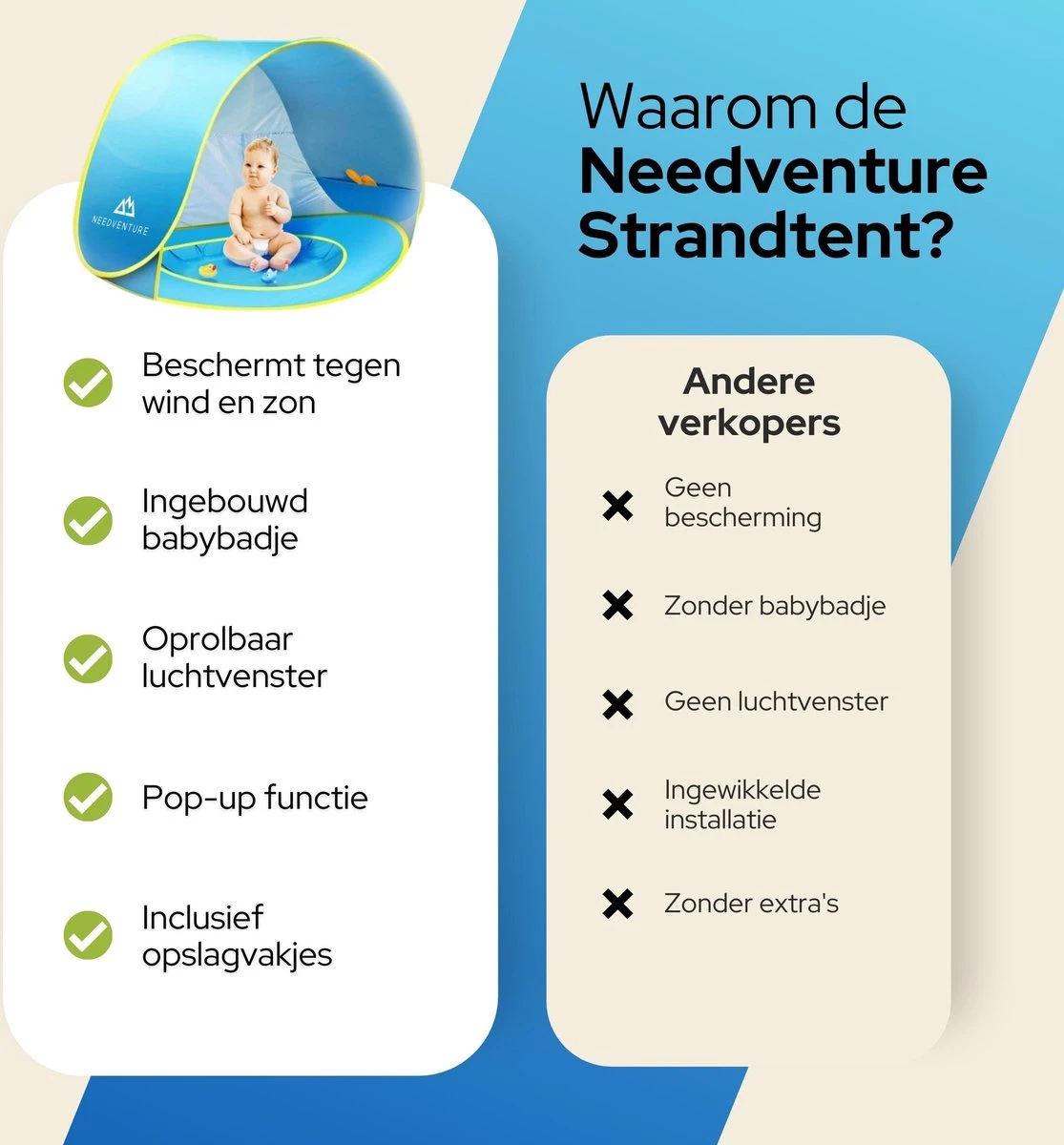 Needventure Baby Strandtent - Pop Up Tent - Windscherm Strand - Camping Strandtentje - Speeltent - Blauw - Afbeelding 7
