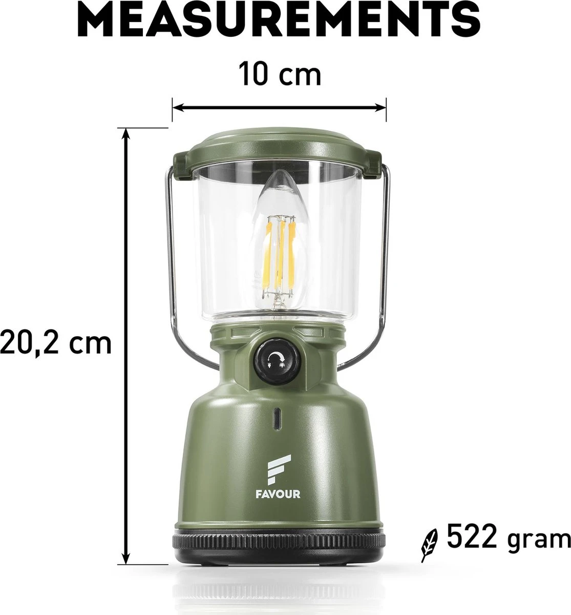 Favour L0818 Retro Camping Lamp Oplaadbaar LED, 320 Lumen, IP64 Waterdicht, Draagbare Kampeerlamp, Tentlamp, Acculamp, Traploos Dimbare Lamp Incl. Kaarslicht-modus, Groen - Afbeelding 2