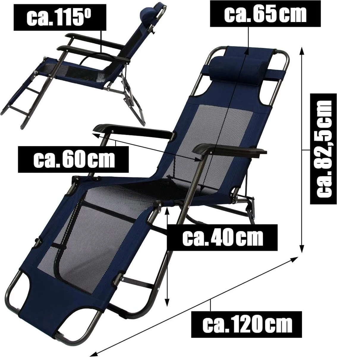 Ligstoel 155x60cm - Opvouwbaar Campingstoel Ligbed Strandstoel Tuinstoel Vouwligstoel Blauw - Afbeelding 19