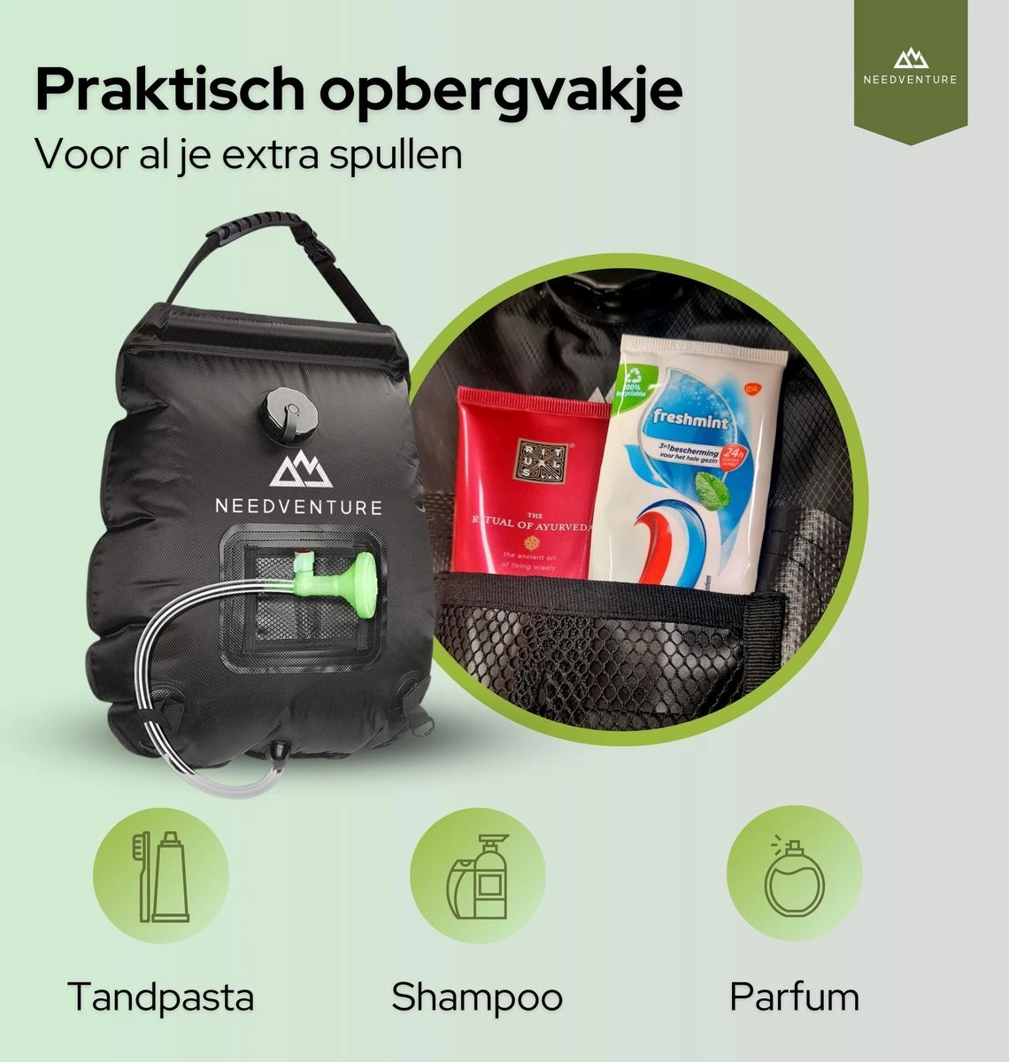 Needventure Solar Douche - Camping Douchezak - Buiten Douche - Tuindouche - Inclusief Thermometer - Waterzak Met Douchekop - 20L - Zwart - Afbeelding 4