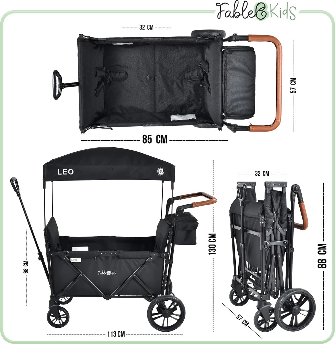 FableKids LEO X2 Lite Opvouwbare Handkar Met Dak Onyx Zwart - Afbeelding 10