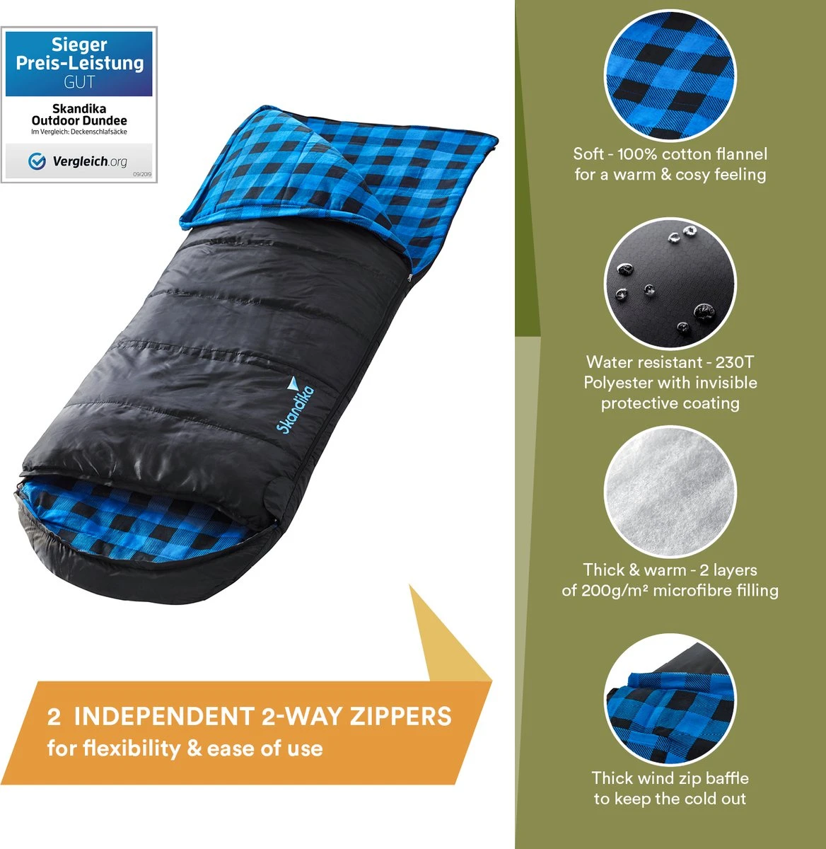 Skandika Dundee Flannel-L Slaapzak – Mummmieslaapzakken – Slaapzakken Volwassen - Maat M – Unisex - Katoen, Luxe Kwaliteit, Dubbele Slaapzak, 3 Seizoenen, Tot -20°C - 220 X 80 Cm - Outdoor Kampeerslaapzak – Ritssluiting Links - Zwart/blauw - Afbeelding 5