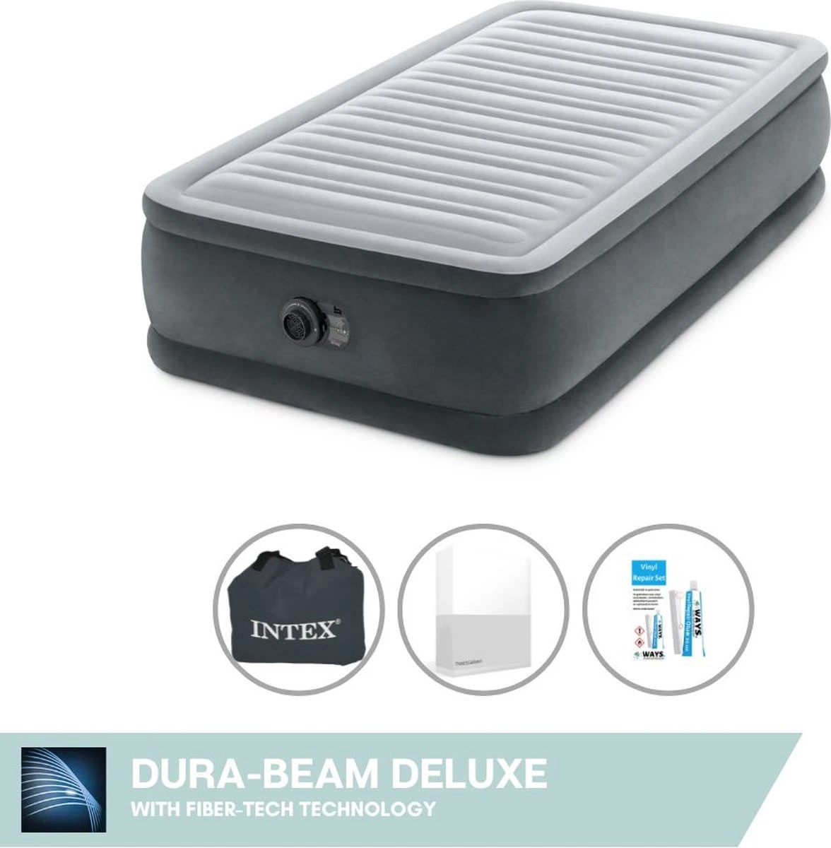Intex Luchtbed - 1-Persoons - 99 X 191 X 46 Cm - Grijs - Met Ingebouwde Pomp, Hoeslaken Wit En Reparatieset