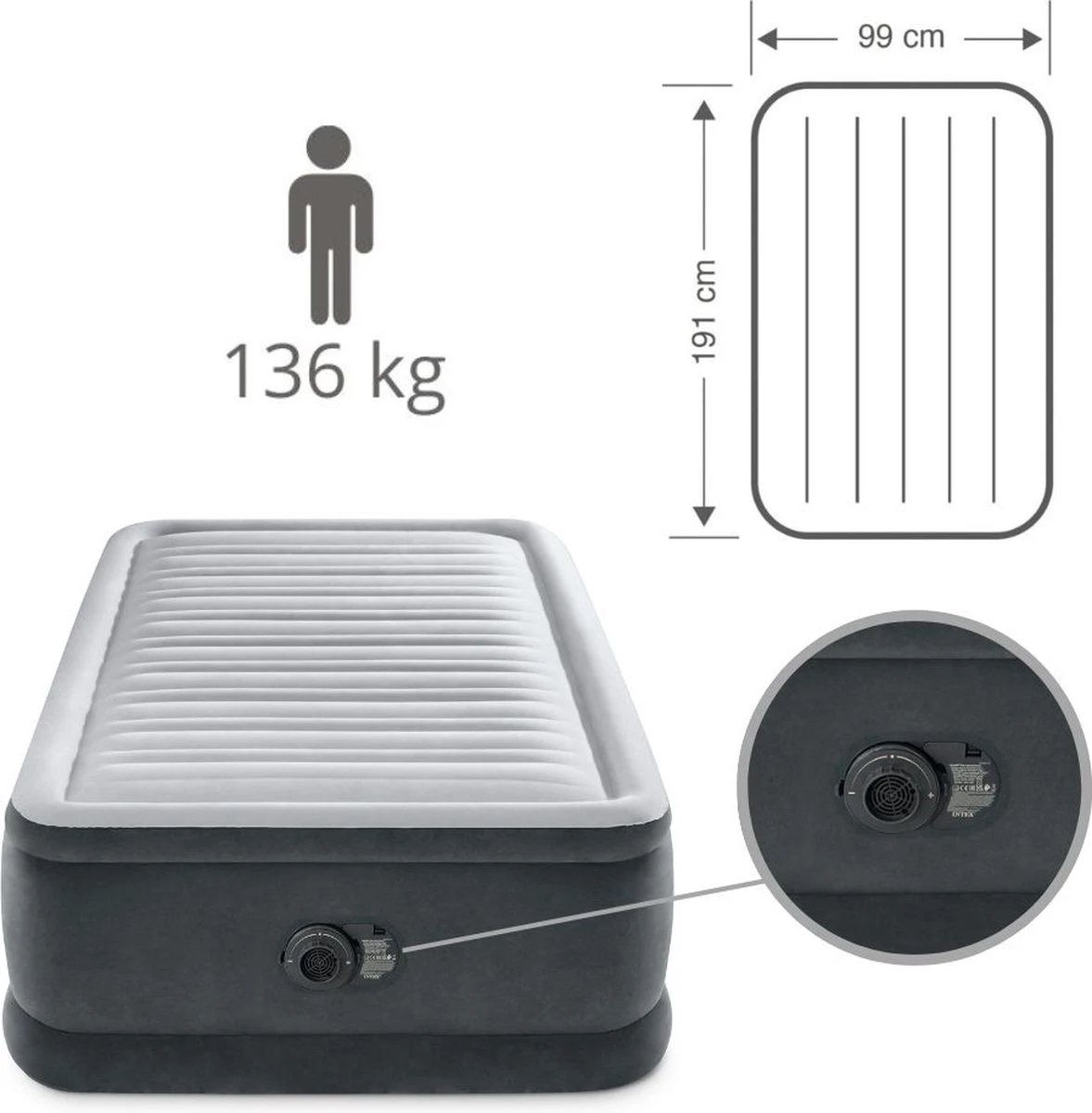 Intex Luchtbed - 1-Persoons - 99 X 191 X 46 Cm - Grijs - Met Ingebouwde Pomp, Hoeslaken Antraciet En Reparatieset - Afbeelding 9