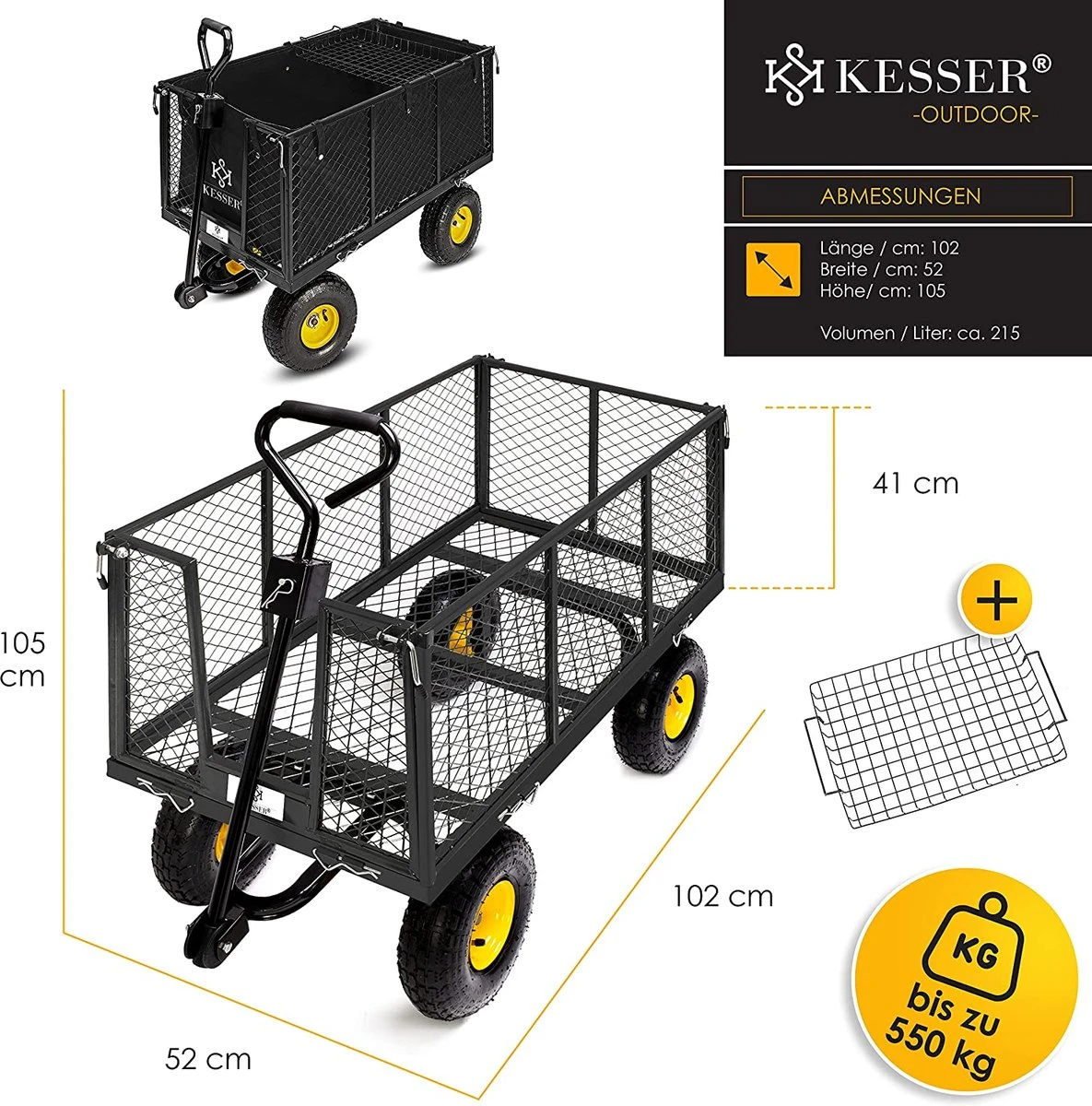 Exxen KESSER® Bolderkar, 550 Kg Belastbaar, Tuinwagen, Transportwagen, Tuinwagen, Uitneembaar Zeil, Gereedschapswagen, Handwagen, Veelzijdig Inzetbaar, Zwart - Afbeelding 6