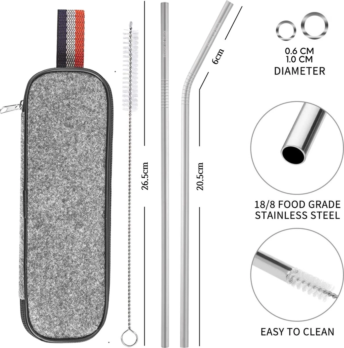 House Of Husk Reisbestek - Reis Bestekset - Chopsticks - Metalen Rietjes Met Borstel - Lepel - Vaatwasserbestendig - RVS - 7 Delig - Zilver - Afbeelding 3