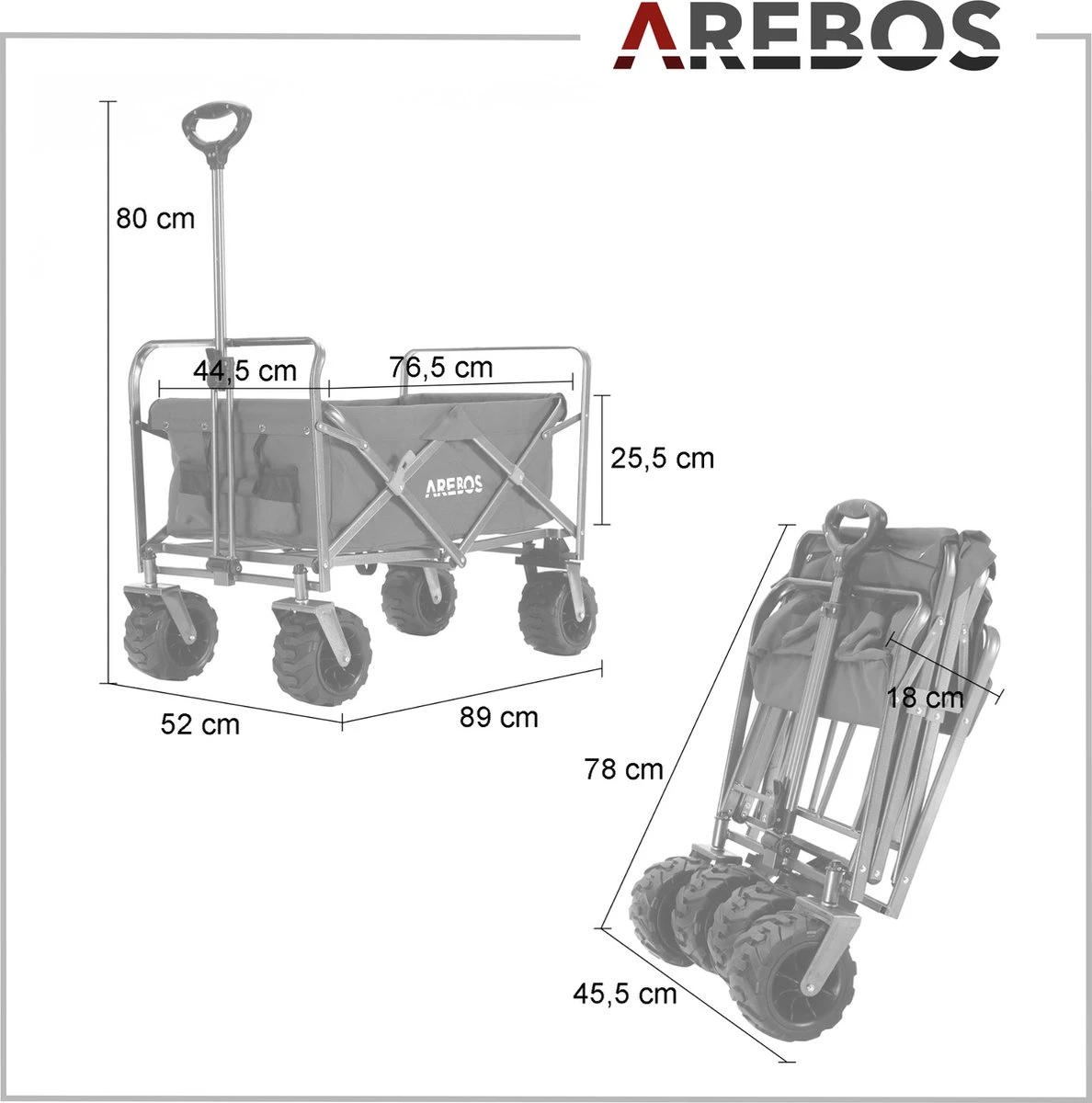 AREBOS Handkar | Transportwagen | Apparatuurwagen | Opvouwbaar | Zwart / Grijs - Afbeelding 5
