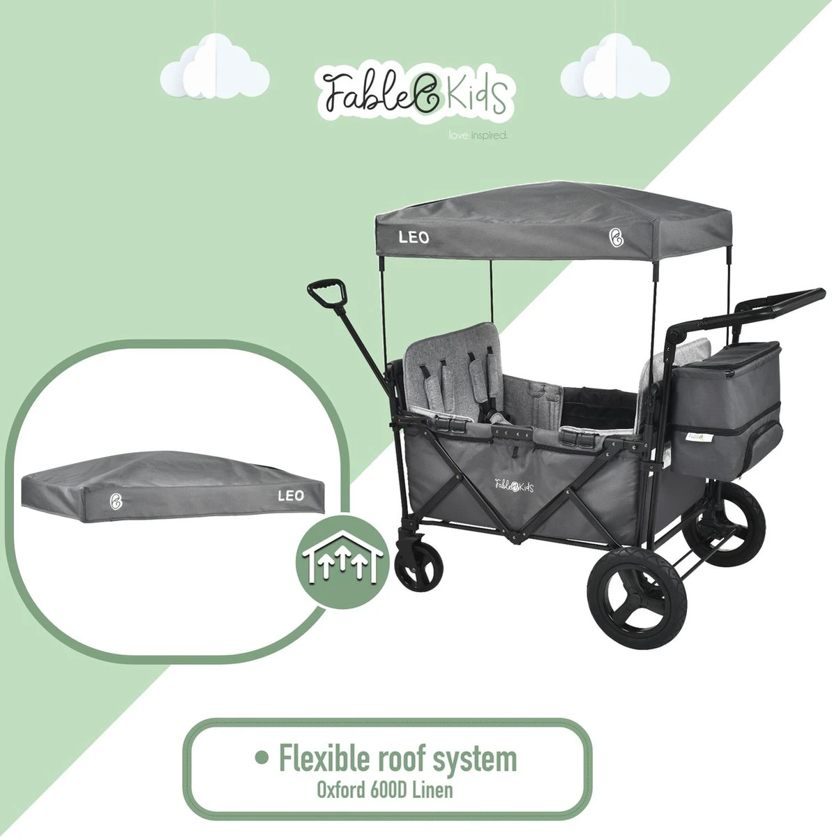 FableKids LEO X4Plus Opvouwbare Wagen Met Dak Fossil Grey - Afbeelding 2