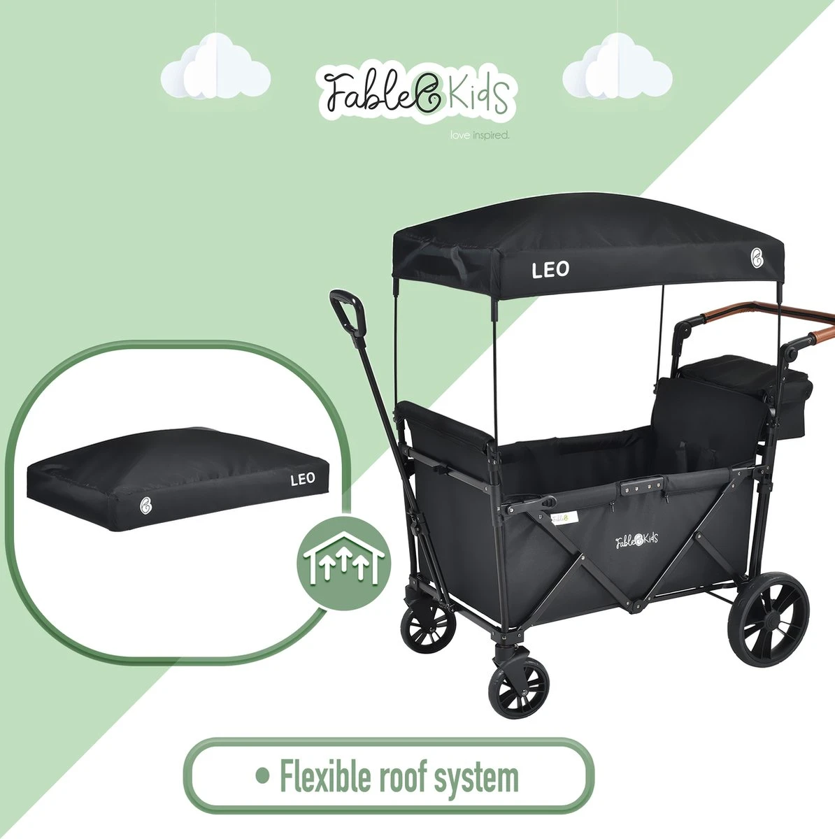 FableKids LEO X2 Lite Opvouwbare Handkar Met Dak Onyx Zwart - Afbeelding 3