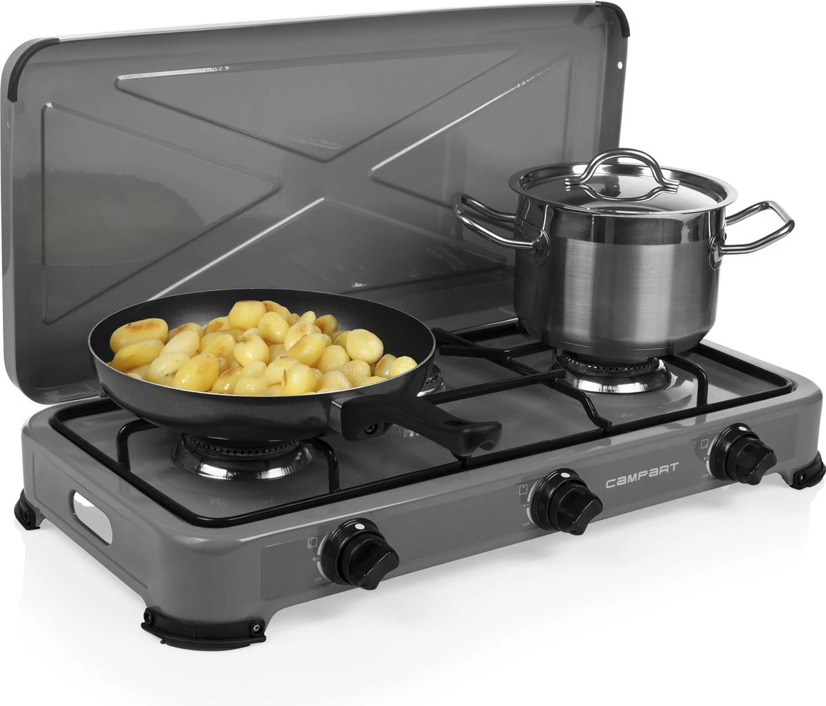 Campart Campingkooktoestel GA-8403 - Gas Kooktoestel 3 Pits - Kookplaat Kamperen - Grijs