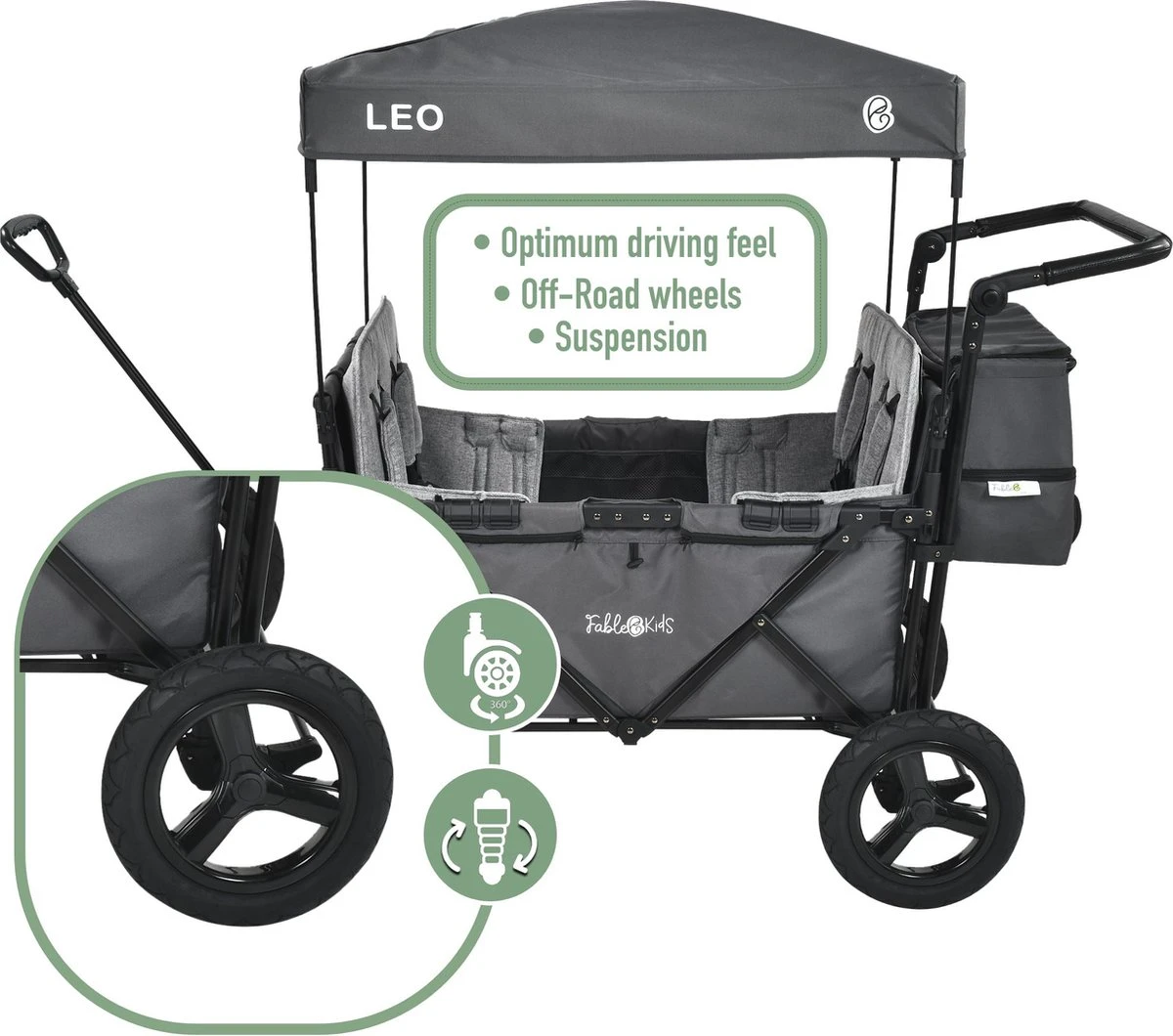FableKids LEO X4Plus Opvouwbare Wagen Met Dak Fossil Grey - Afbeelding 7