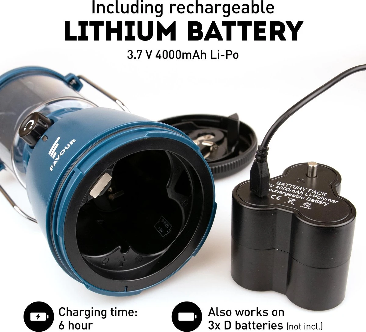 Favour L0818 Retro Camping Lamp Oplaadbaar LED, 320 Lumen, IP64 Waterdicht, Draagbare Kampeerlamp, Tentlamp, Acculamp, Traploos Dimbare Lamp Incl. Kaarslicht-modus, Blauw - Afbeelding 3