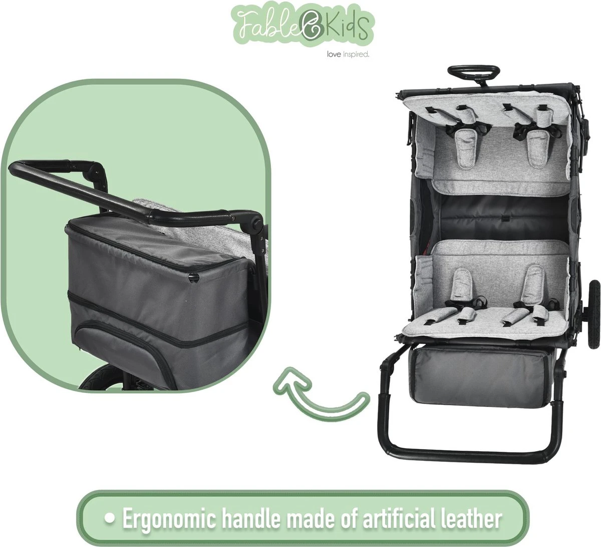 FableKids LEO X4Plus Opvouwbare Wagen Met Dak Fossil Grey - Afbeelding 12