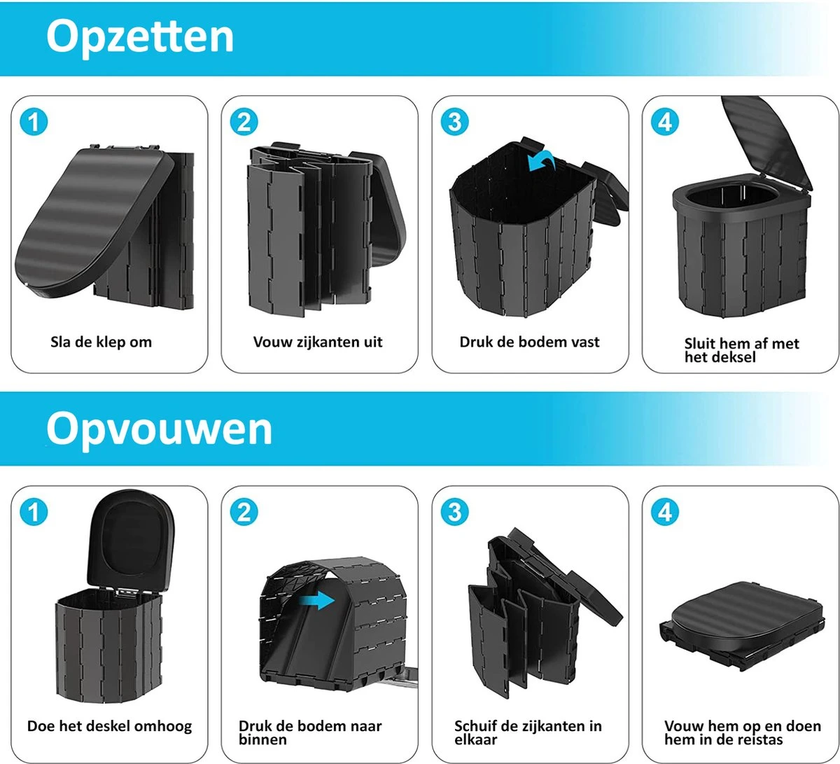 Merkloos Camping Toilet Met Draagtas En 10 Vuilzakken - Toiletemmer Draagbaar Met Deksel - Afbeelding 9