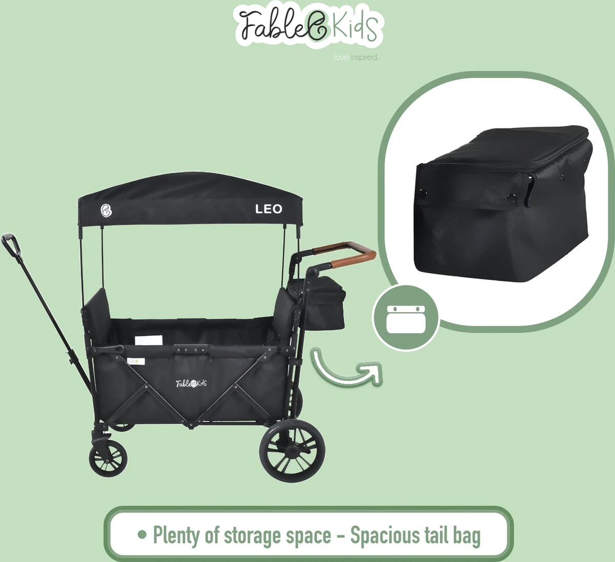 FableKids LEO X4Lite Opvouwbare Handkar Met Dak Onyx Zwart - Afbeelding 3