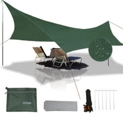 Merkloos BRGOOD Tarps - Shelter - Rechthoek - 240*220cm - Waterdicht - Met Scheerlijnen En Haringen - Geen Stokken - Voor Kamperen - Groen