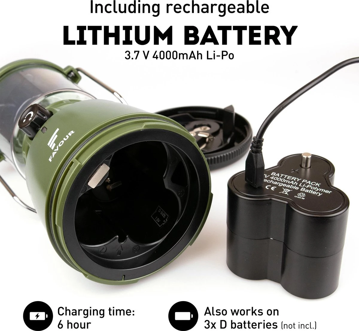 Favour L0818 Retro Camping Lamp Oplaadbaar LED, 320 Lumen, IP64 Waterdicht, Draagbare Kampeerlamp, Tentlamp, Acculamp, Traploos Dimbare Lamp Incl. Kaarslicht-modus, Groen - Afbeelding 3