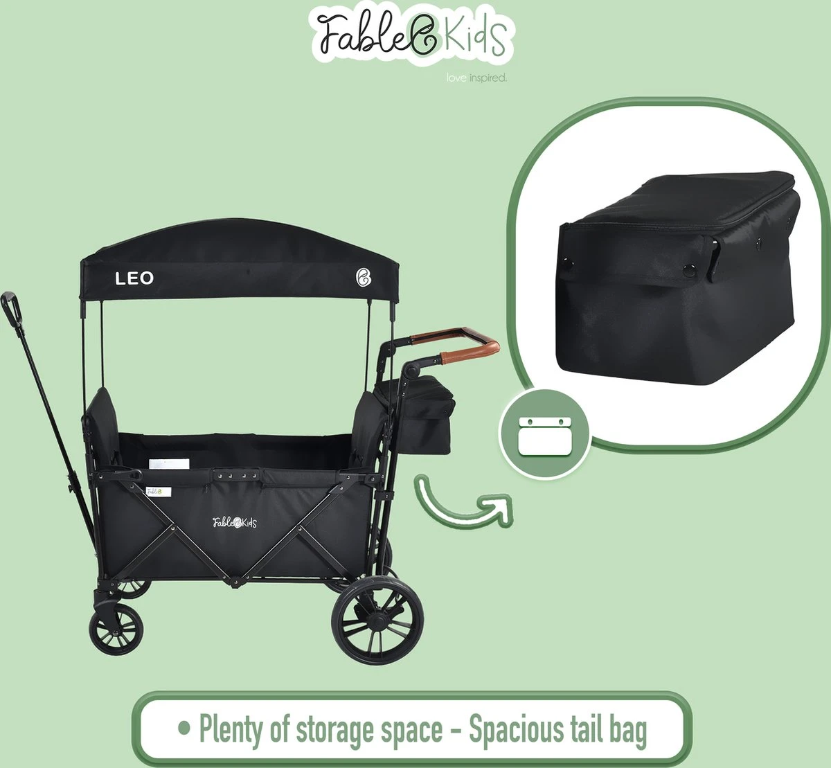 FableKids LEO X2 Lite Opvouwbare Handkar Met Dak Onyx Zwart - Afbeelding 6