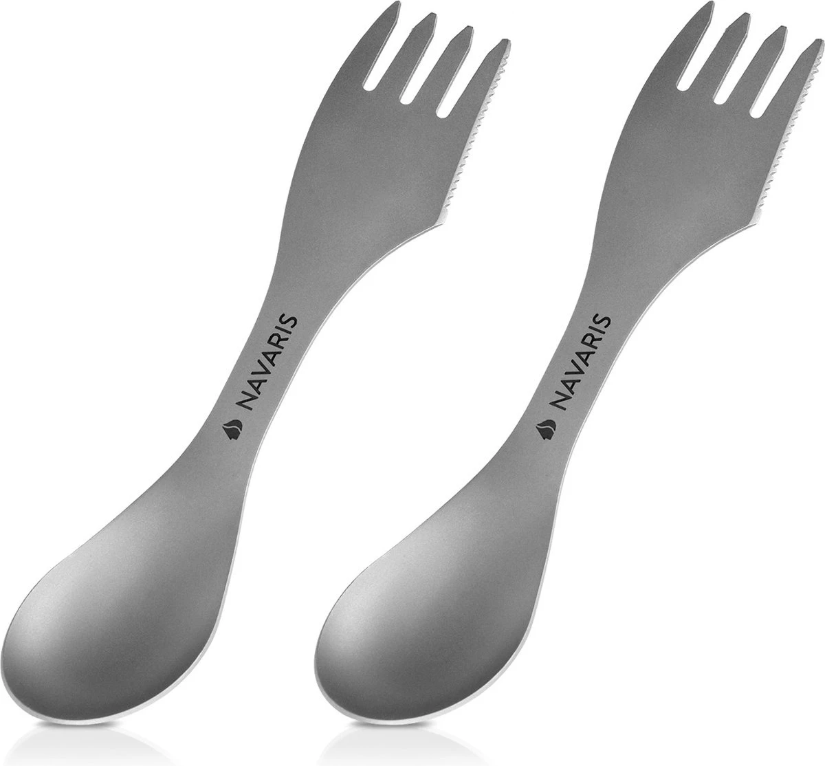 Navaris 2x Spork Titanium Campingbestek - Vork, Mes En Lepel In één - Bestek Voor Onderweg En Op Reis - Lichtgewicht - Inclusief Bewaarzakje