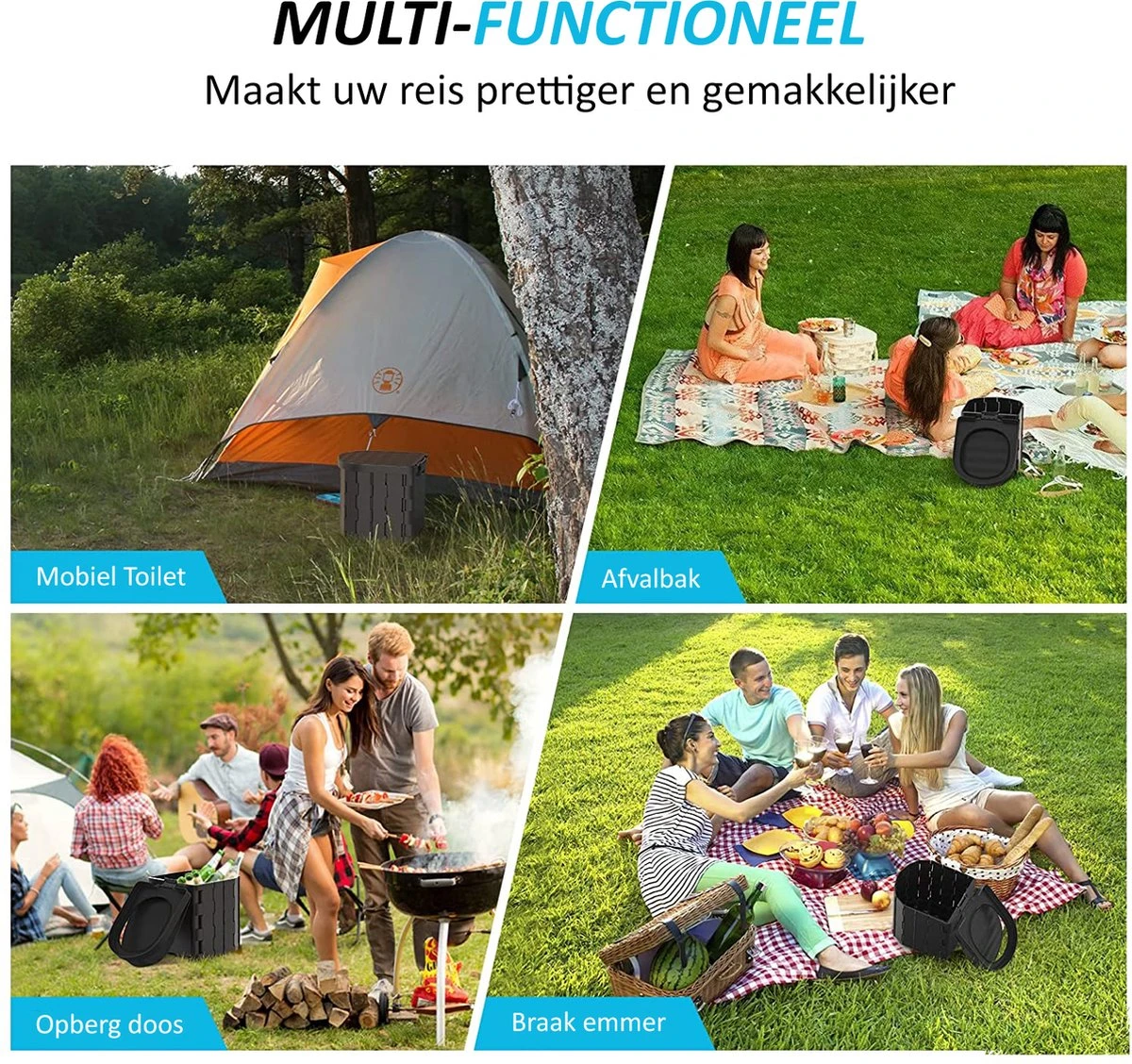 Merkloos Camping Toilet Met Draagtas En 10 Vuilzakken - Toiletemmer Draagbaar Met Deksel - Afbeelding 8