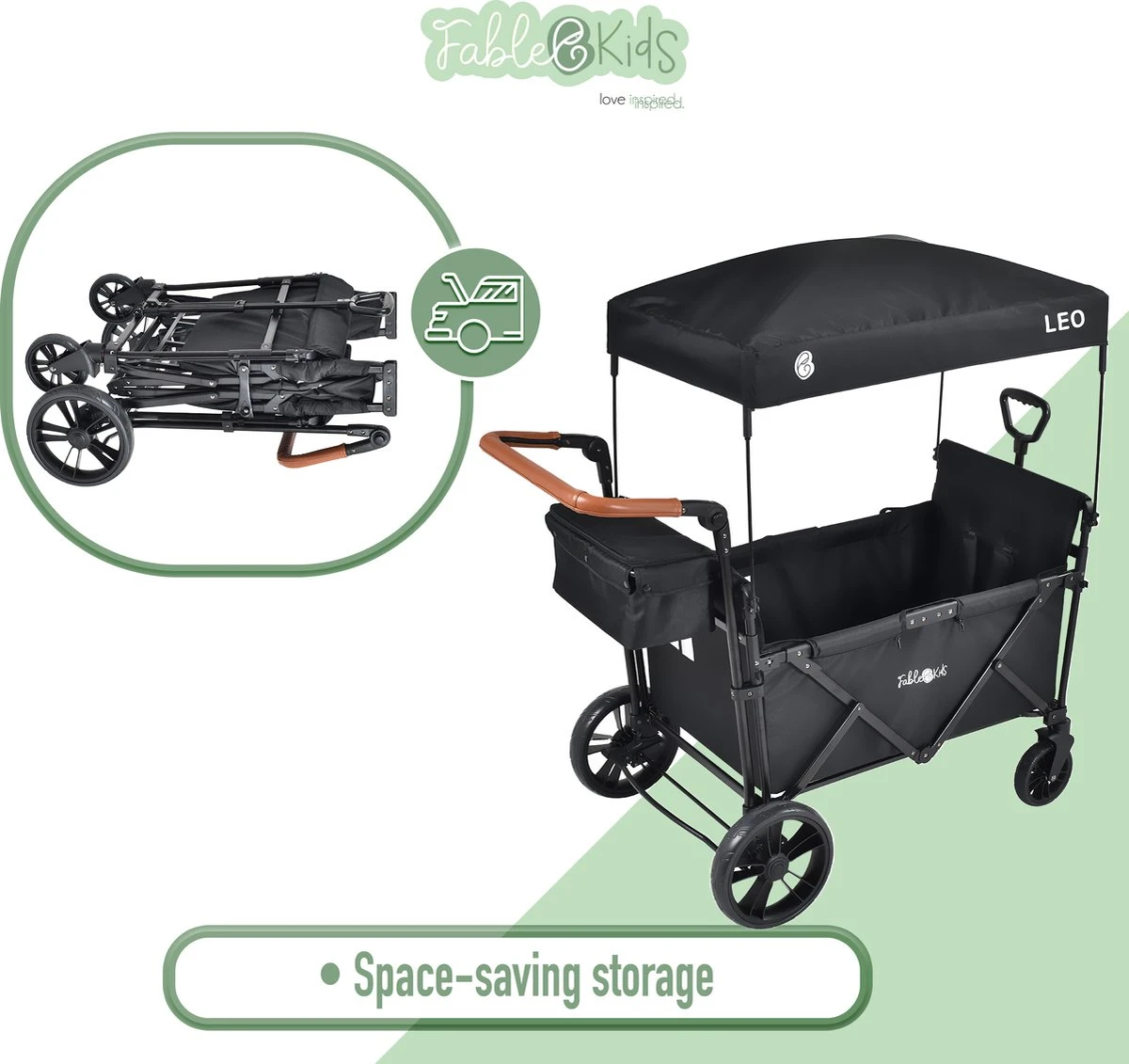 FableKids LEO X2 Lite Opvouwbare Handkar Met Dak Onyx Zwart - Afbeelding 7