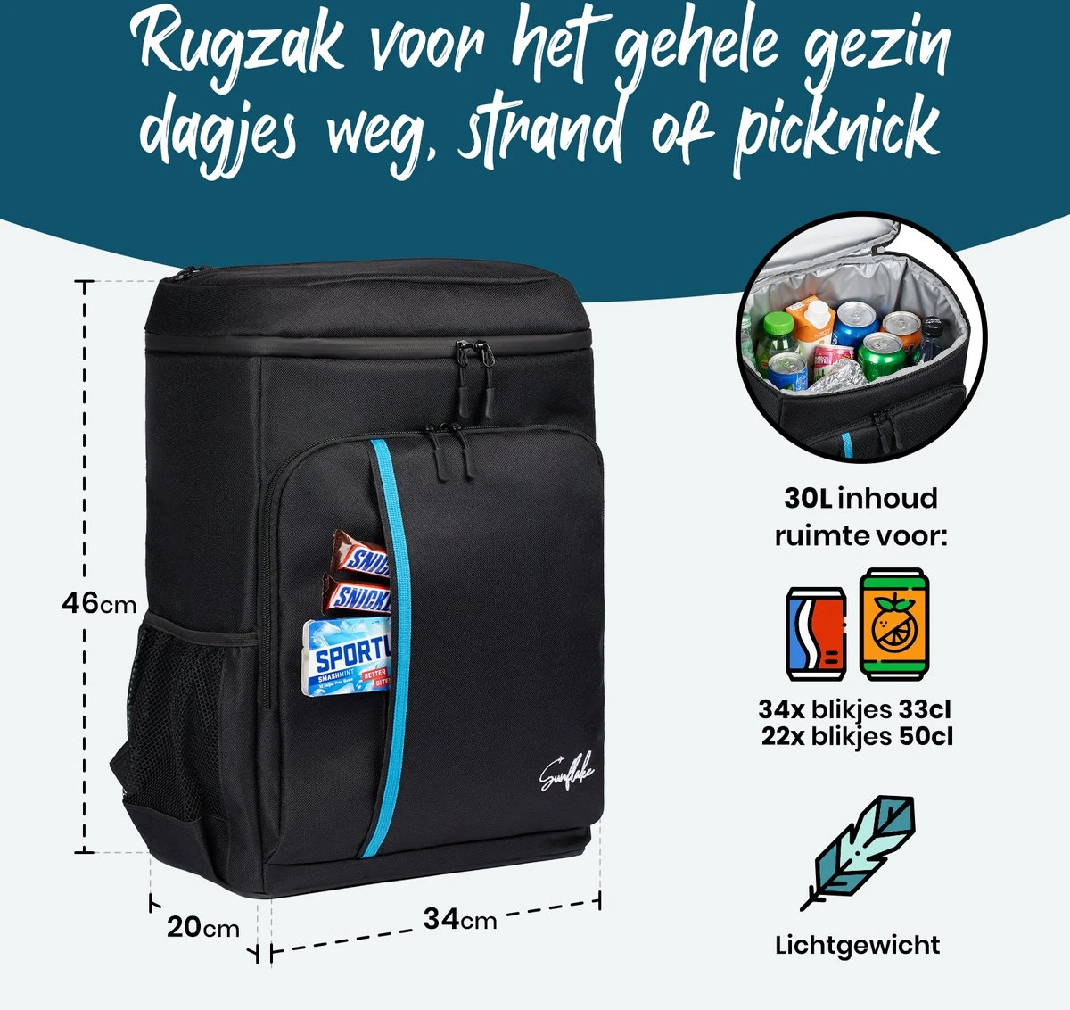 Sunflake Koelrugzak Groot - Lunchtas - Koeltas Backpack Voor Dames & Heren - Zwart - Afbeelding 3