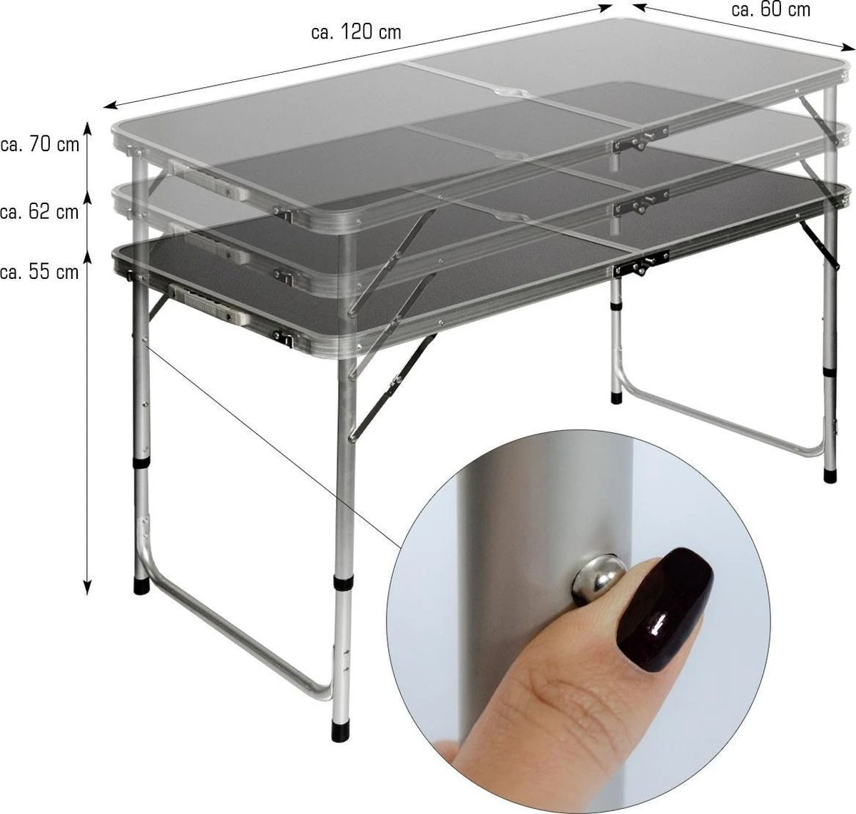 Aluminium Kampeertafel 120x60cm - Campingtafel Inklapbaar - 3-voudig Verstelbare Vouwtafel Antraciet - Afbeelding 2