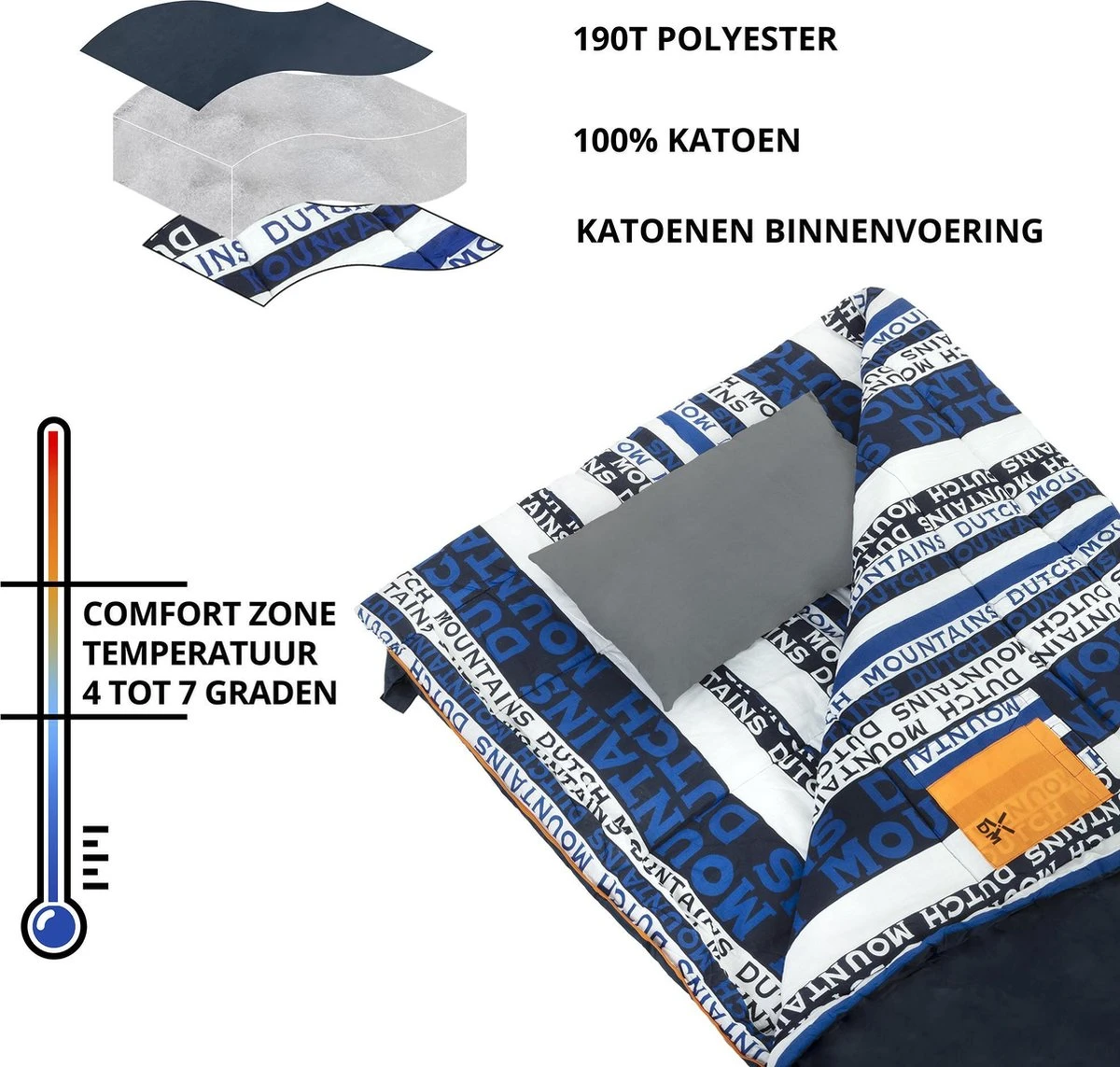 Dutch Mountains Slaapzak Goeree XL - Kussen 25x15cm - 220x90cm Katoenen Slaapzak - Tochtstrip - Afbeelding 2