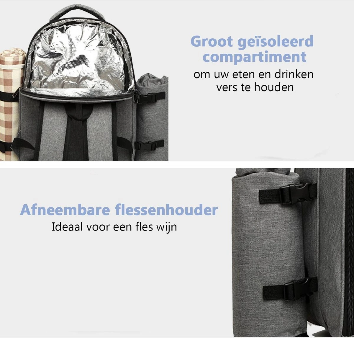 Kono Koeltas - Koelrugzak - Picknick - Picknicktas Met Flessenhouder - Koelrugtas Met Picknickkleed - Grijs (E6915 GY) - Afbeelding 3