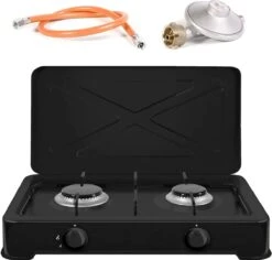 TronicXL Turbo Campingkooktoestel Met 2 Vlammen Aluminium Brander Gasaansluitslang En Drukregelaar, Gasfornuis, Gas, Zwart, Inclusief Draadgaas