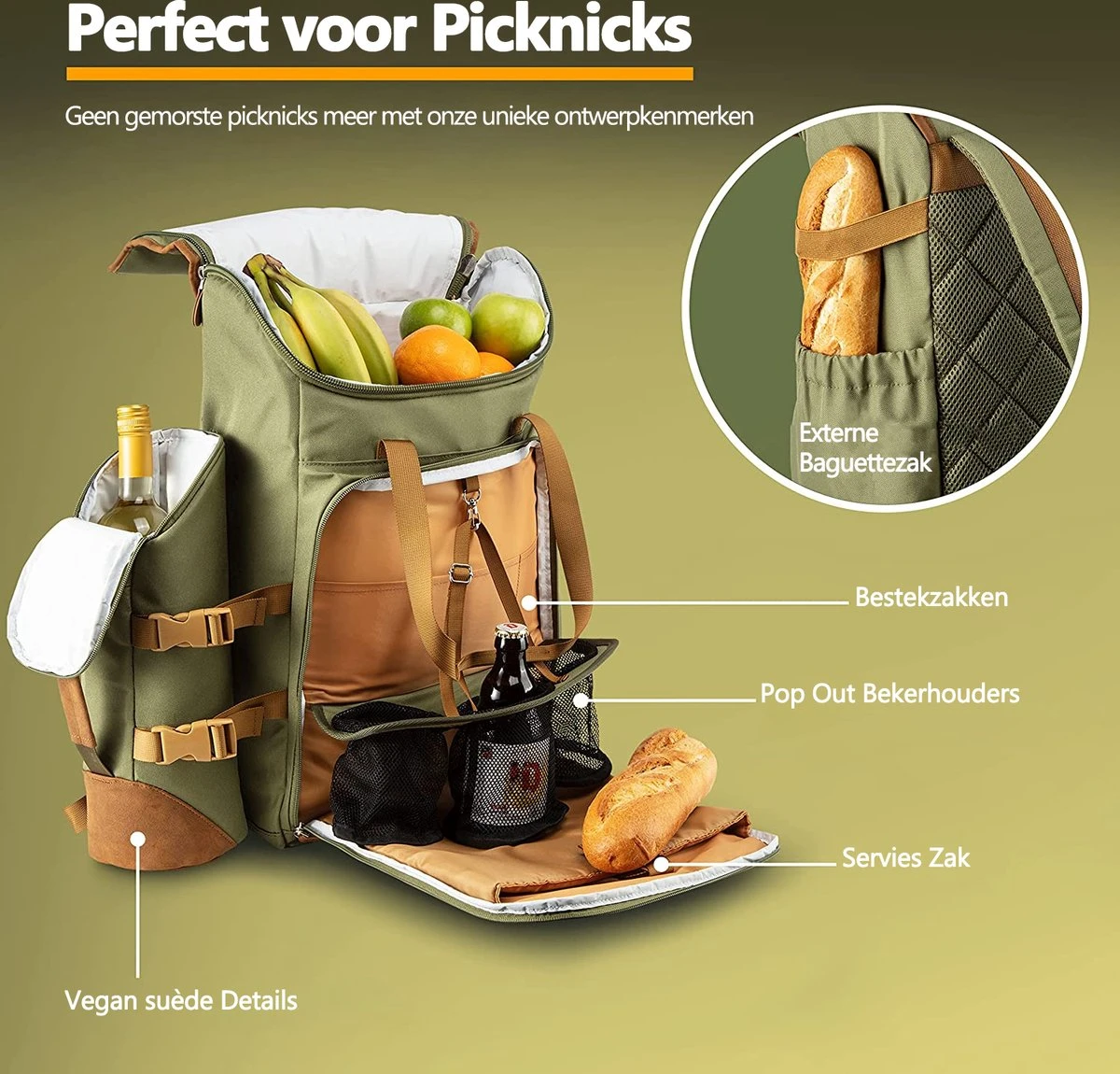 Cabinmax Koeltas - Koelrugzak - Picknick - Picknicktas Met Flessenhouder - Koelrugtas 24L - Olive Green - Afbeelding 2