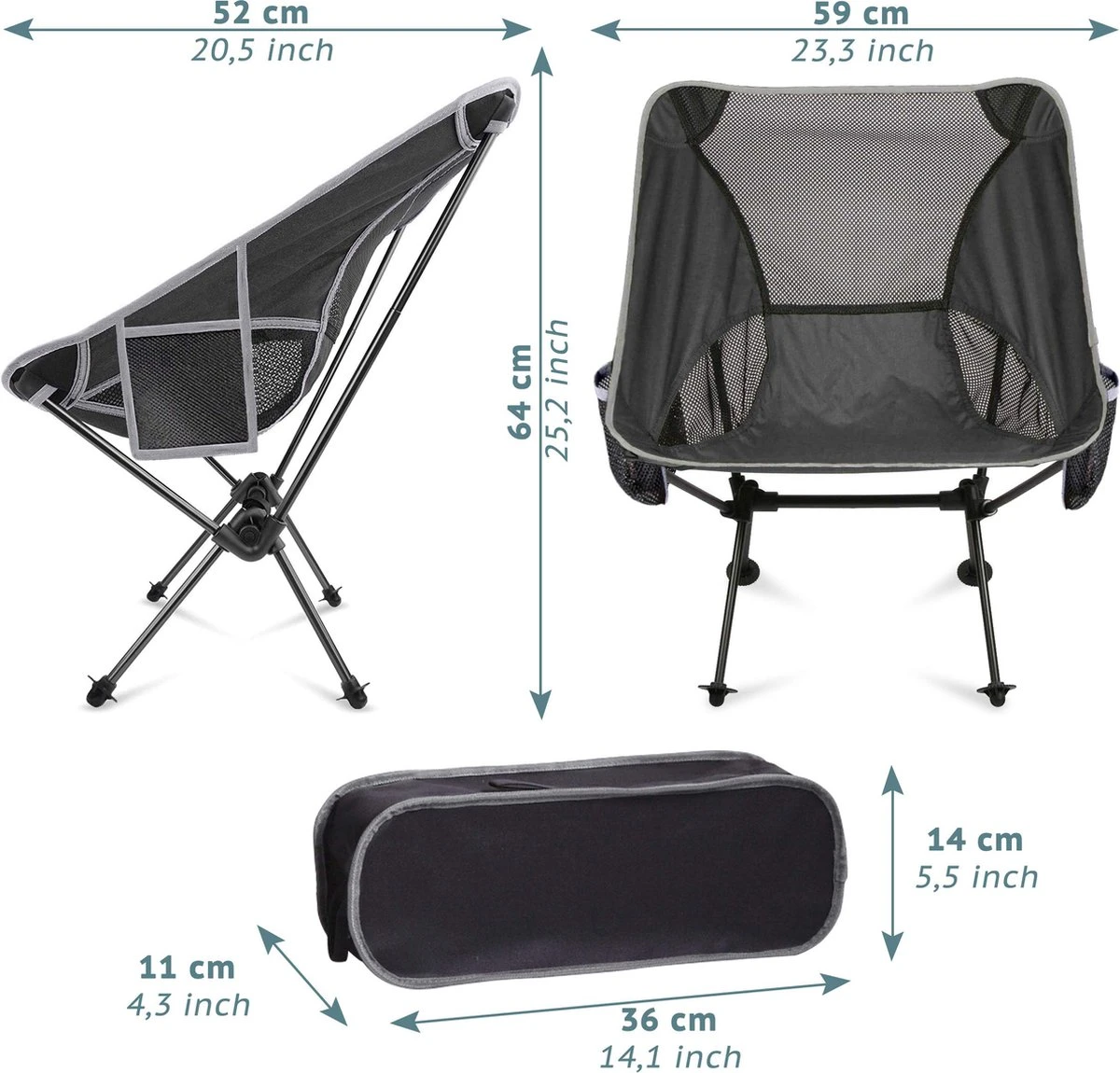 Smartpeas Camping Stoel Van Stevig 600D Polyester En Aluminium - Lichtgewicht En Opvouwbaar - Camping Gadget Inclusief Zijzakken +Plus: Strandmat & Draagtas - Afbeelding 6