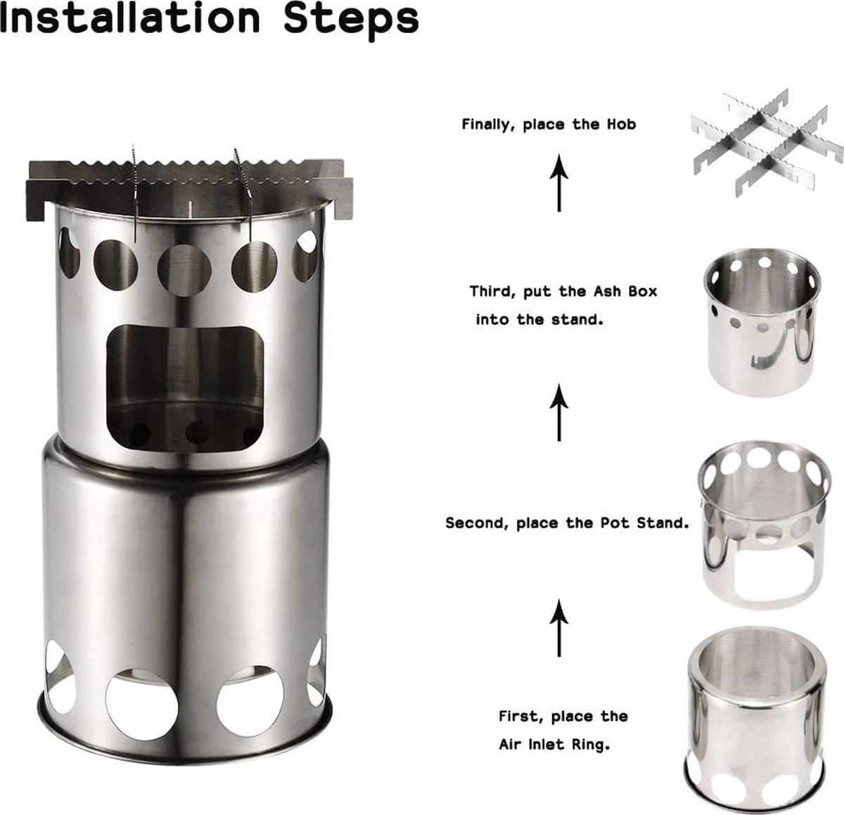 Merkloos Campingkooktoestel, Houtkachel, Draagbaar, Roestvrij Staal, Hobo-kooktoestel Met Opbergzak, Voor Barbecue, Camping, Picknick, Wandelen - Afbeelding 2