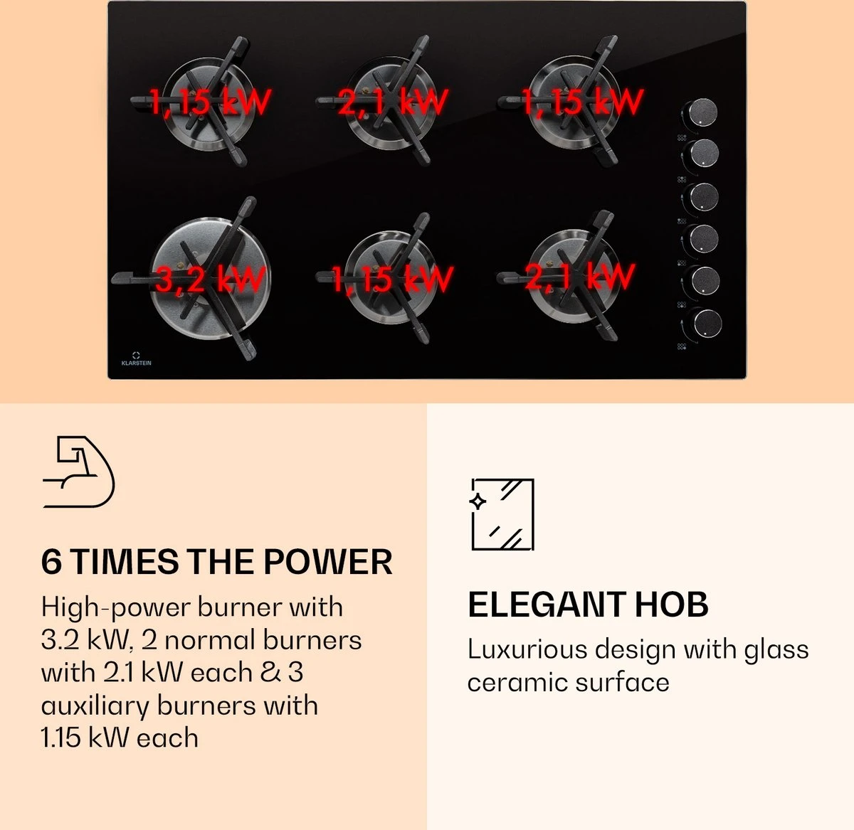 Trifecta 6 Gaskookplaat 6-pits Grote, Normale En Extra Glaskeramische Branders - Afbeelding 5