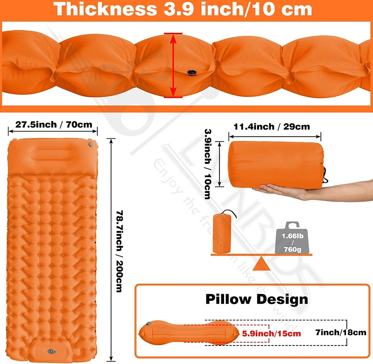 LVNRIDS Isomat, Zelfopblazend, Ultralicht, Luchtmatras, Camping, Zelfopblaasbaar, Opblaasbaar Matras, 3,9 Inch Dik, Met Voetperspomp En Kussen, Voor Camping, Reizen, Outdoor, Wandelen, Strand, Oranje - Afbeelding 8