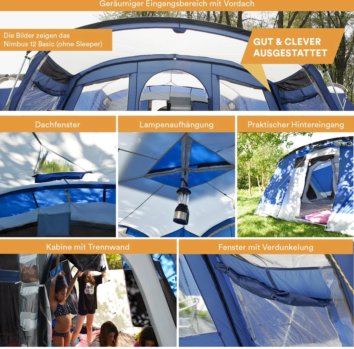 Skandika Nimbus Sleeper 12 Tent – Koepeltenten – 12 Persoons Familietent - Campingtent – Muggengaas – Sleeper Technology (3 Extra Donkere Slaapcabines) – 760 X 630 X 215 Cm (LxBxH) – 5000 Mm Waterkolom – Camping, Tuin – Kamperen – Blauw/wit - Afbeelding 4