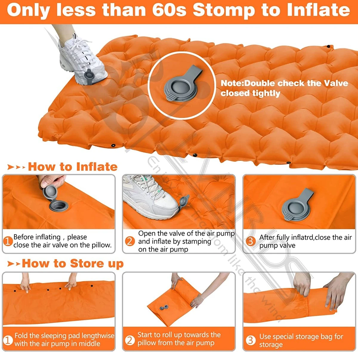 LVNRIDS Isomat, Zelfopblazend, Ultralicht, Luchtmatras, Camping, Zelfopblaasbaar, Opblaasbaar Matras, 3,9 Inch Dik, Met Voetperspomp En Kussen, Voor Camping, Reizen, Outdoor, Wandelen, Strand, Oranje - Afbeelding 4