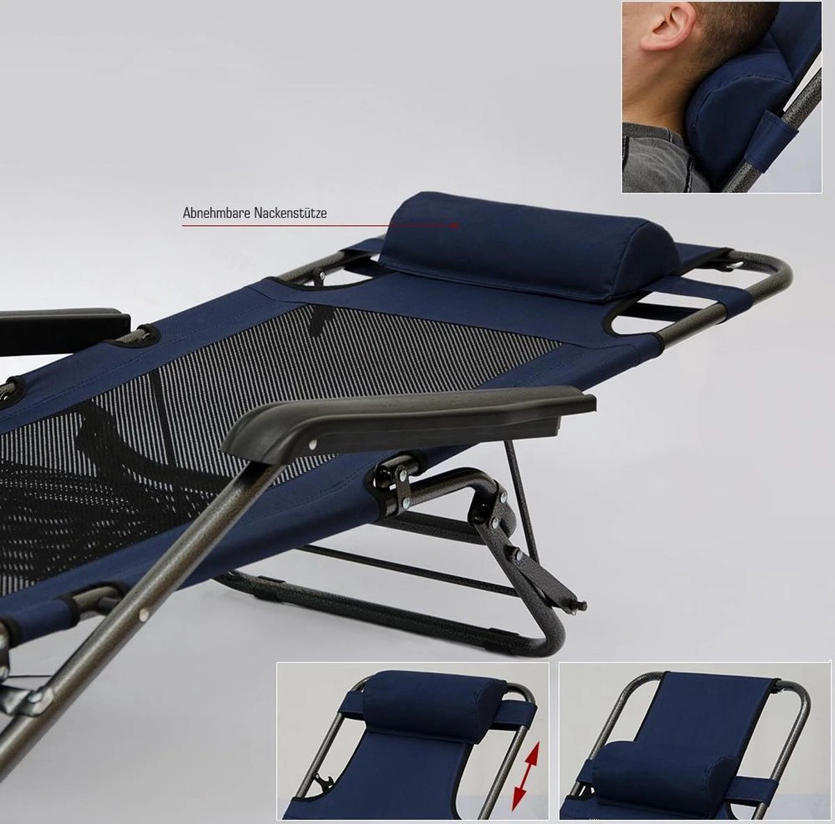 Ligstoel 155x60cm - Opvouwbaar Campingstoel Ligbed Strandstoel Tuinstoel Vouwligstoel Blauw - Afbeelding 12