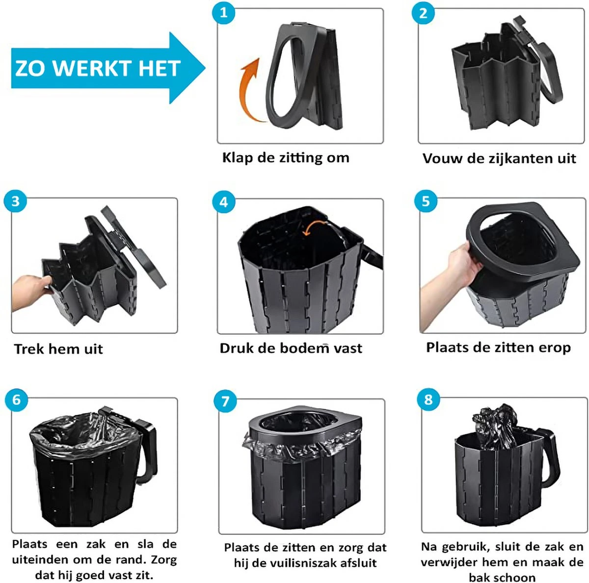 Merkloos Camping Toilet Met Draagtas En 10 Vuilzakken - Toiletemmer Draagbaar Met Deksel - Afbeelding 7