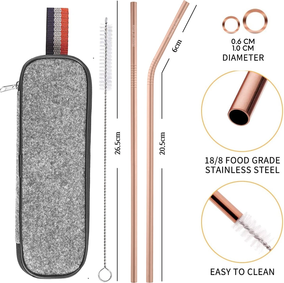 House Of Husk Reisbestek - Reis Bestekset - Chopsticks - Metalen Rietjes Met Borstel - Lepel - Vaatwasserbestendig - RVS - 7 Delig - Rose Goud - Afbeelding 3