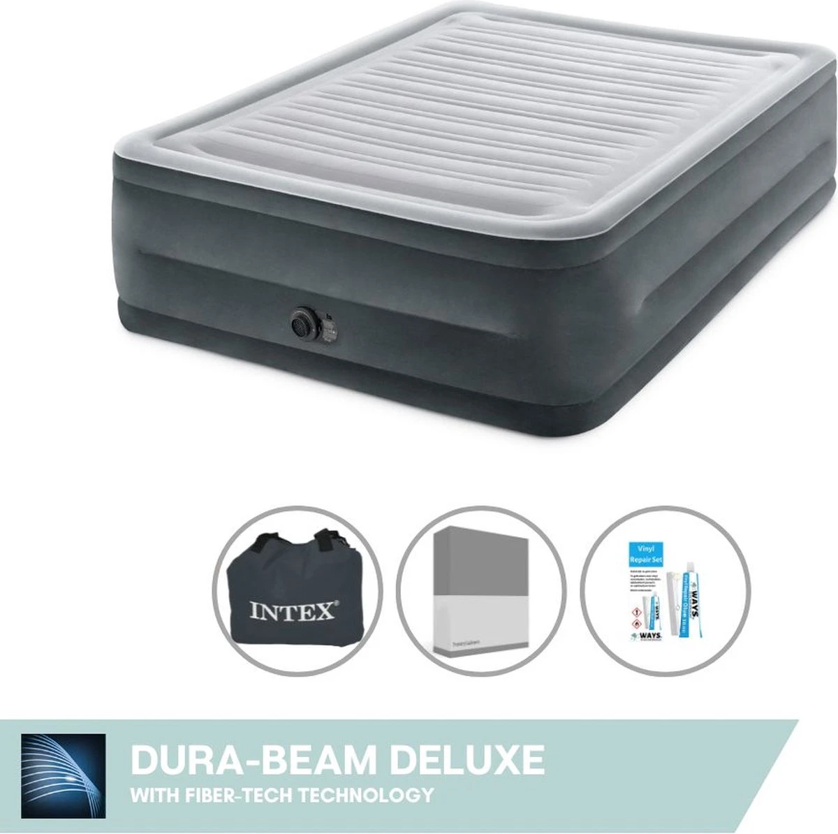 Intex Luchtbed - 2-Persoons - 152 X 203 X 33 Cm - Grijs - Met Ingebouwde Pomp, Hoeslaken Antraciet En Reparatieset