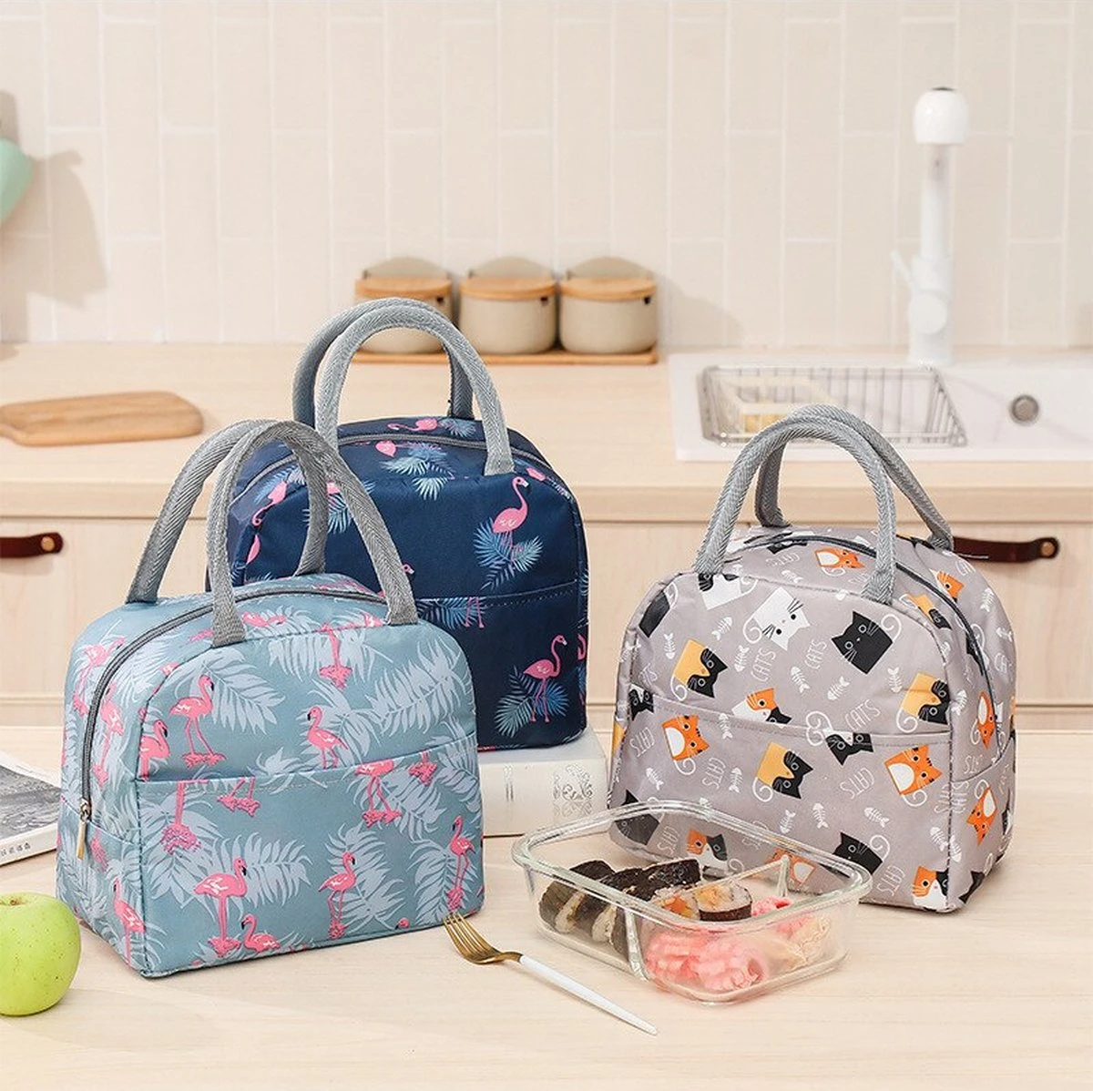 Koeltas - Lunchtas - Volwassenen En Kinderen - Compact & Handig: Zomer - Picknick -School - Lunch - Werk - Grijs Flamingo - Afbeelding 5