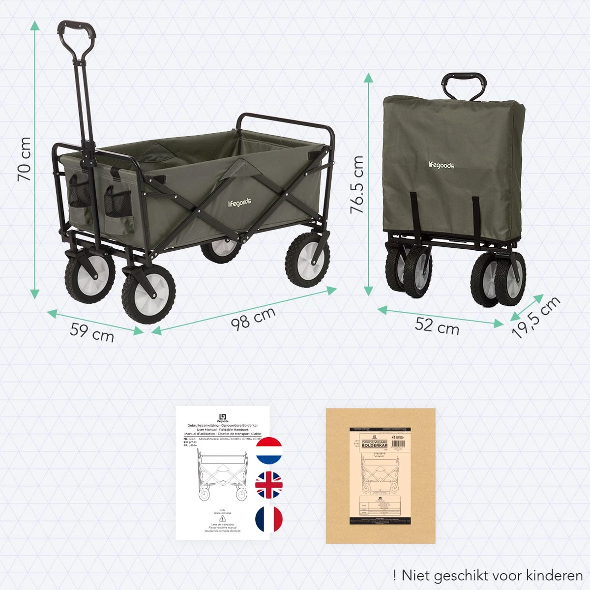 LifeGoods Bolderkar - Opvouwbaar - Draaibare Wielen - 2 Standen - 70KG Draagkracht - Groen - Afbeelding 7