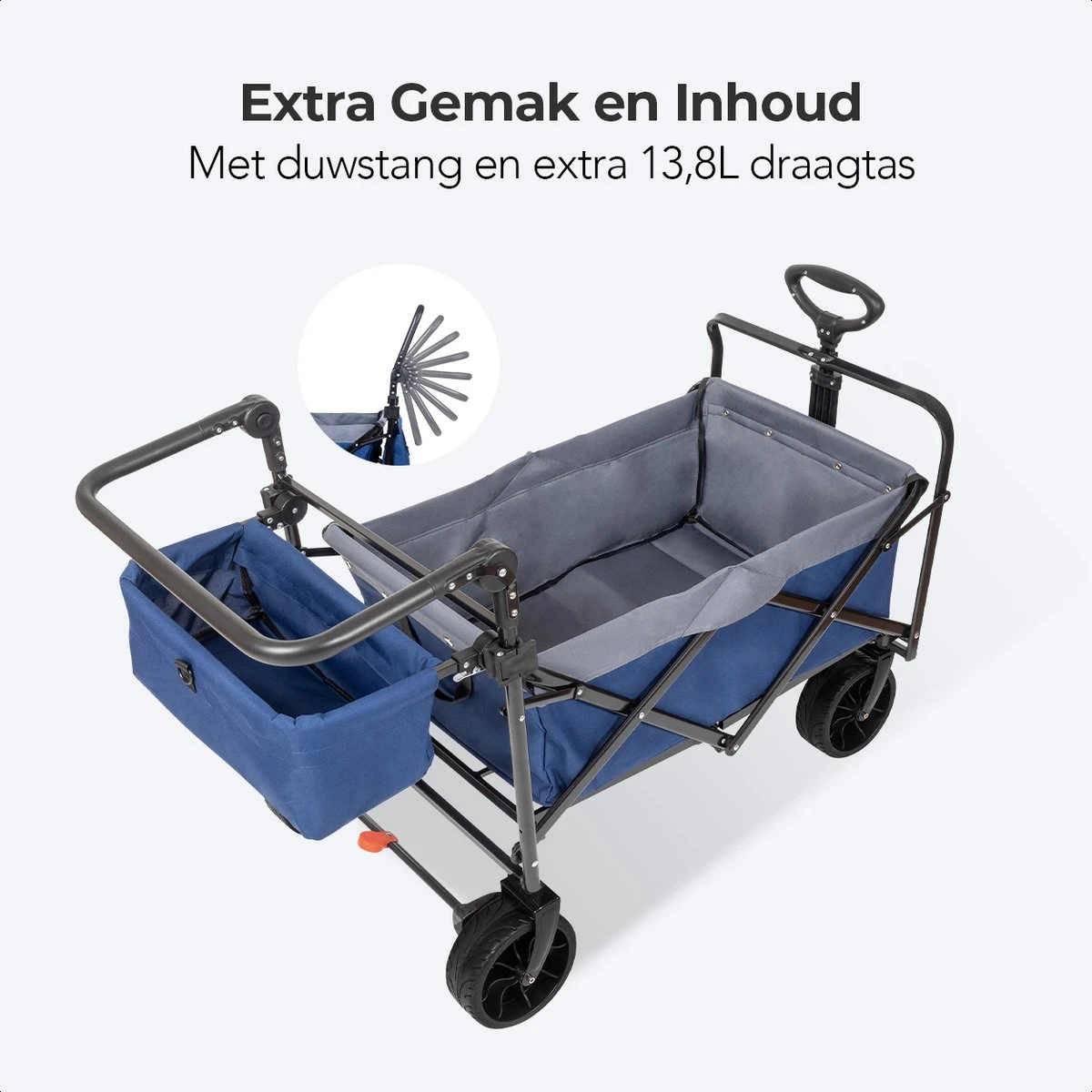 LifeGoods Bolderkar - Opvouwbaar - Tot 120KG - 103L - Extra Draagtas En Duwstang - Wasbaar Polyester - 98x45cm - Blauw/Grijs - Afbeelding 3