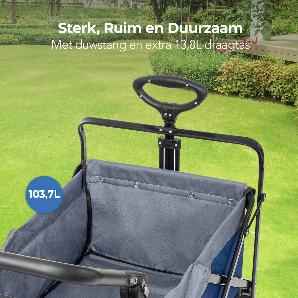 LifeGoods Bolderkar - Opvouwbaar - Tot 120KG - 103L - Extra Draagtas En Duwstang - Wasbaar Polyester - 98x45cm - Blauw/Grijs - Afbeelding 9