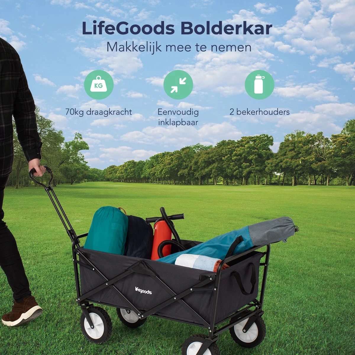 LifeGoods Bolderkar - Opvouwbaar - Draaibare Wielen - 2 Standen - 70KG Draagkracht - Zwart - Afbeelding 2