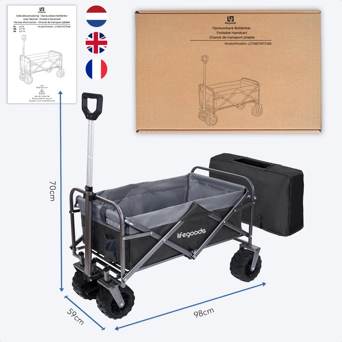 LifeGoods Bolderkar - Opvouwbaar - Tot 80KG - 94L - Wasbaar Polyester - 98x45cm - Zwart/Grijs - Afbeelding 6